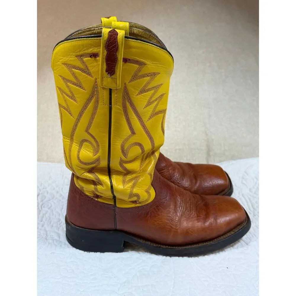 Old West Men 8D Brown Yellow Two Tone Square Toe Western Cowboy Boots Rodeo